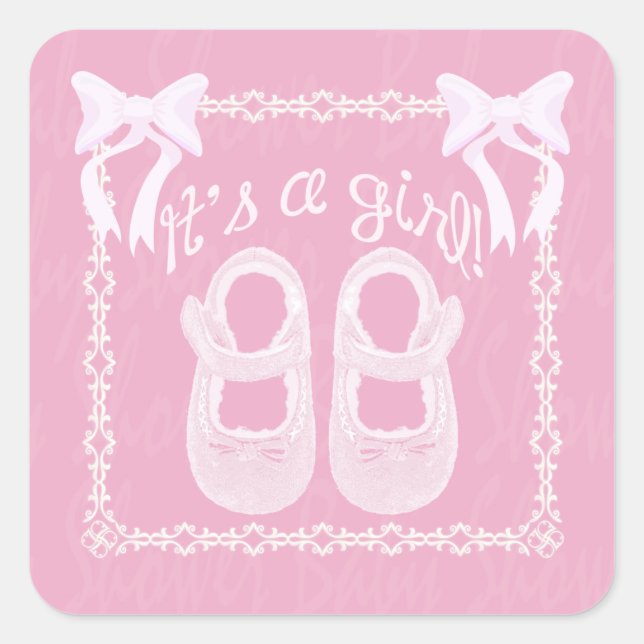It's a girl Pink Bow Shoes Baby Girl Shower Square Sticker (Front)