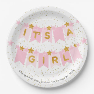 It's A Girl Pink Bunting Flags Baby Shower Paper Plate