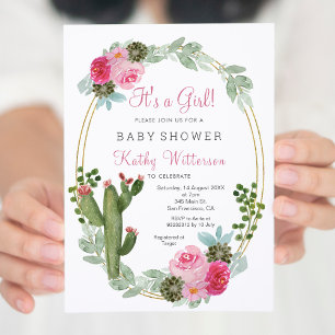 It's a Girl Pink Cactus Floral baby shower Invitation