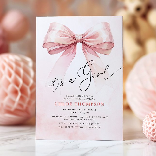 It's A Girl  Pink Coquette Bow Baby Girl Shower Invitation (Creator Uploaded)
