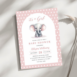 Its a Girl | Pink Cute Elephant Girl Baby Shower   Invitation
