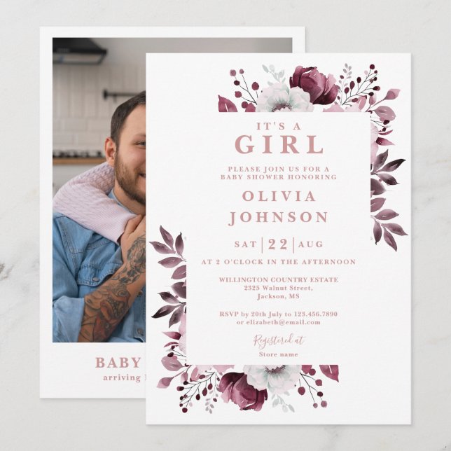Its A Girl Pink Elegant Floral Photo Baby Shower Invitation (Front/Back)