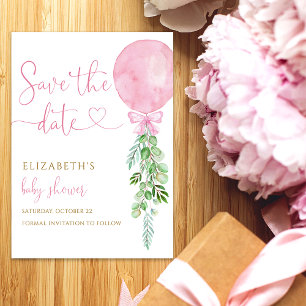 It's a Girl Pink Eucalyptus Balloon Save the Date Invitation