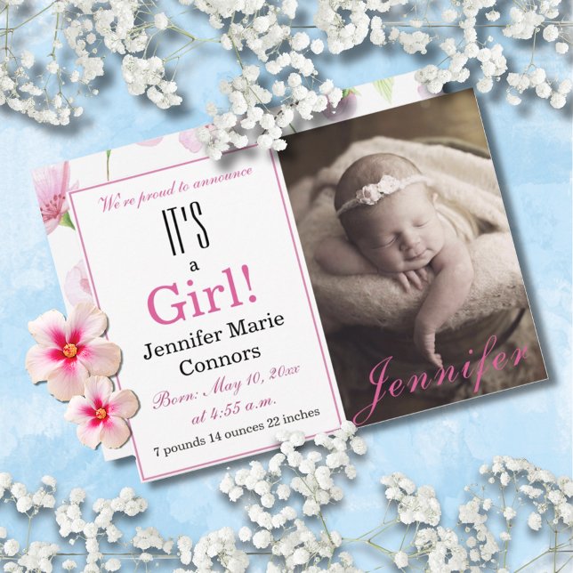 It's a Girl! Pink Floral Baby Birth Announcement (It's a Girl! Modern Pink Floral Birth Announcement Photo Card)