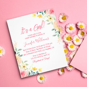 its a girl,pink floral baby shower invitation flyer