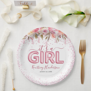 It's a Girl Pink Floral Baby Shower Paper Plate