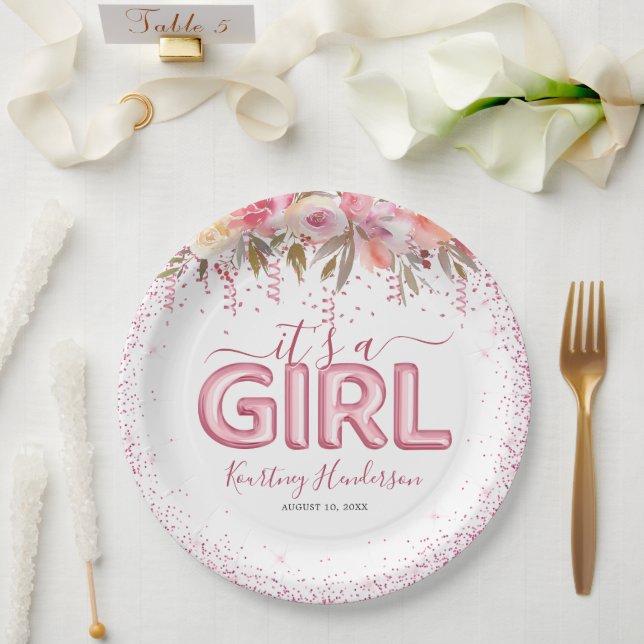 It's a Girl Pink Floral Baby Shower Paper Plate (Wedding)