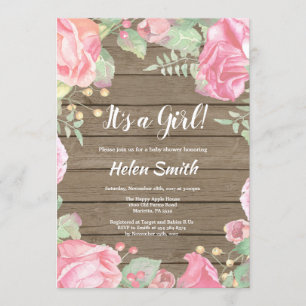 It's A Girl Pink Floral Baby Shower Rustic Wood Invitation