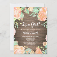It's A Girl Pink Floral Baby Shower Rustic Wood