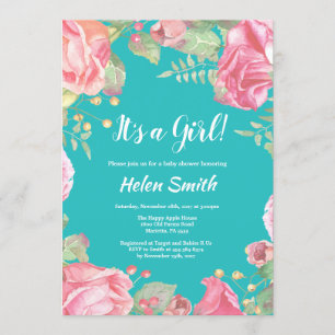 It's A Girl Pink Floral Baby Shower Teal Invitation