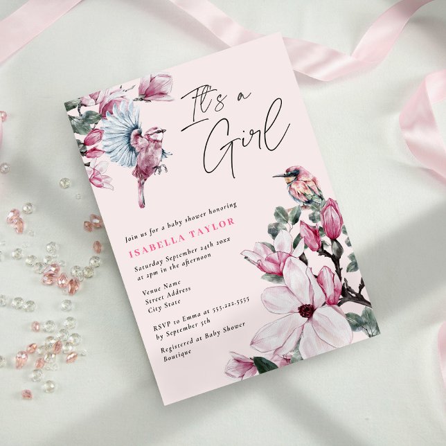 It's A Girl Pink Floral & Birds Baby Shower Invitation (Creator Uploaded)
