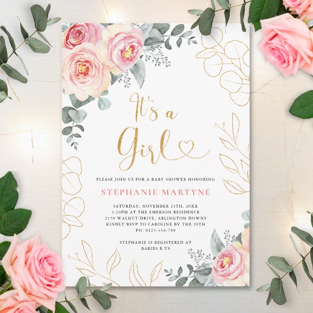Its A Girl Pink Floral Eucalyptus Gold Baby Shower Invitation (Creator Uploaded)