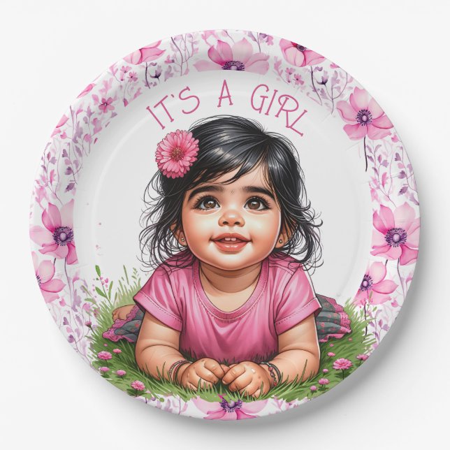 It's a Girl | Pink Floral Girl's Baby Shower Paper Plate (Front)