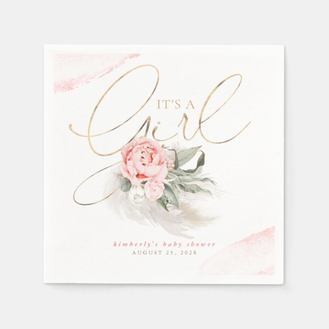 It's a Girl Pink Floral Pampas Grass Baby Shower Napkin (Front)