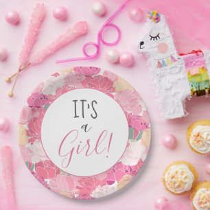 It's a Girl Pink Floral Pattern Baby Sprinkle Napk Paper Plate