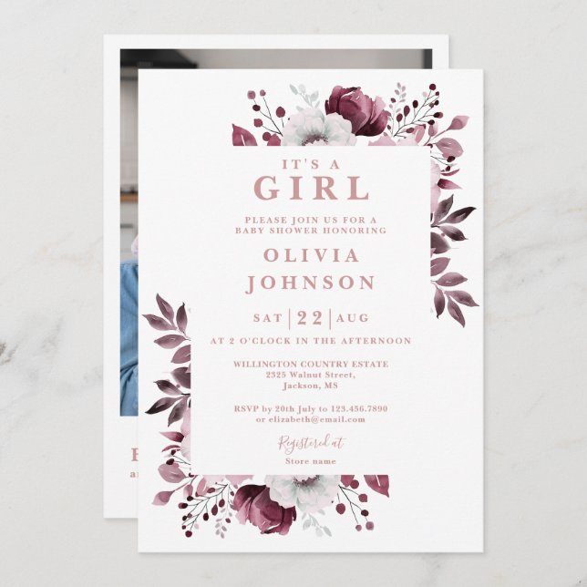 Its A Girl Pink Floral Photo QR Code Baby Shower Invitation (Front/Back)