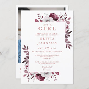 Its A Girl Pink Floral Photo QR Code Baby Shower Invitation