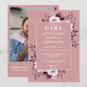 Its A Girl Pink Floral Photo QR Code Baby Shower Invitation