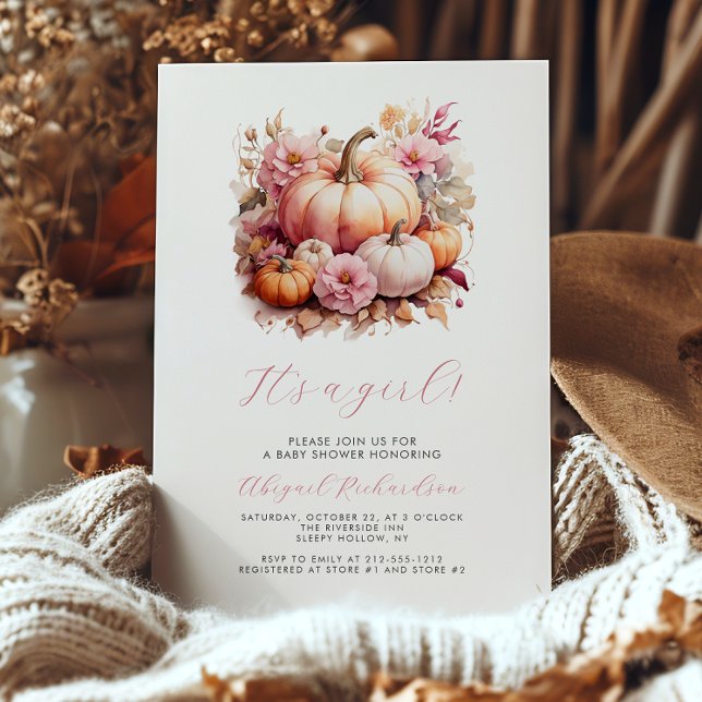 It's a Girl Pink Floral Pumpkins Fall Baby Shower Invitation (Creator Uploaded)
