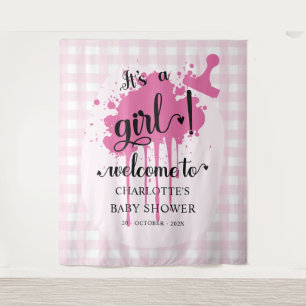 It's a Girl! Pink Gingham Baby Shower Backdrop Tapestry