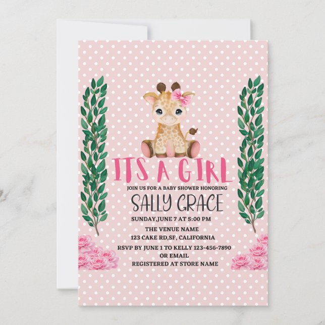 Its A Girl, Pink, Giraffe, Baby Shower Invitation (Front)