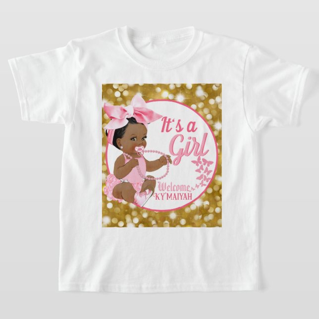 It's a Girl Pink & Gold Ethnic Baby Shower White T-Shirt (Laydown)