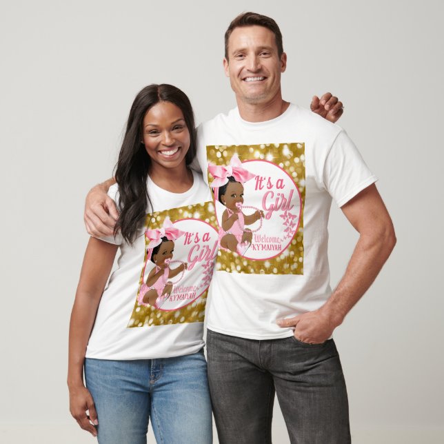It's a Girl Pink & Gold Ethnic Baby Shower White T-Shirt (Unisex)