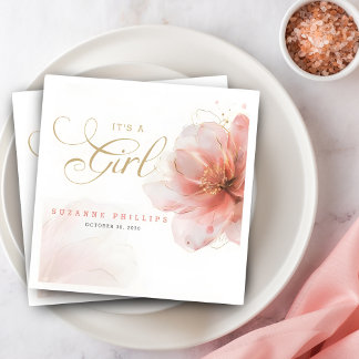 It's a Girl Pink Gold Floral Modern Baby Shower  Napkin