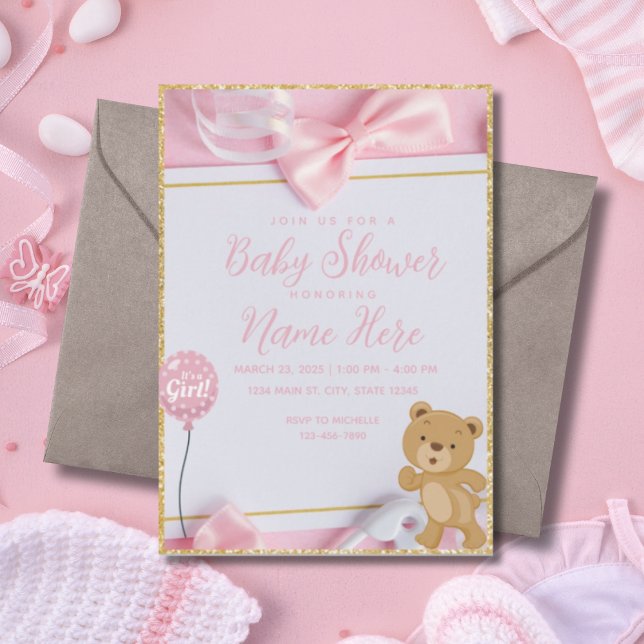 It's a Girl Pink Gold Glitter Baby Shower Invitation (Creator Uploaded)
