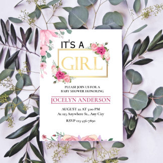 It's a Girl Pink & Gold Watercolor Baby Shower Invitation