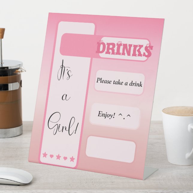 It's A Girl! Pink Gradient Cute Drinks Pedestal Sign (In SItu)