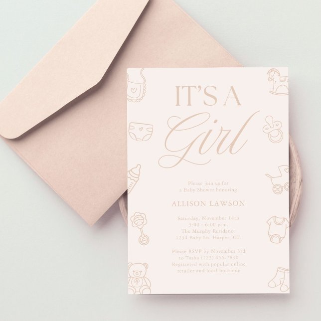 It's a Girl Pink Hand Drawn Baby Shower Invitation (Creator Uploaded)