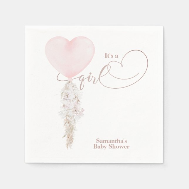 It's a Girl Pink Heart Balloon Baby Shower Napkin (Front)