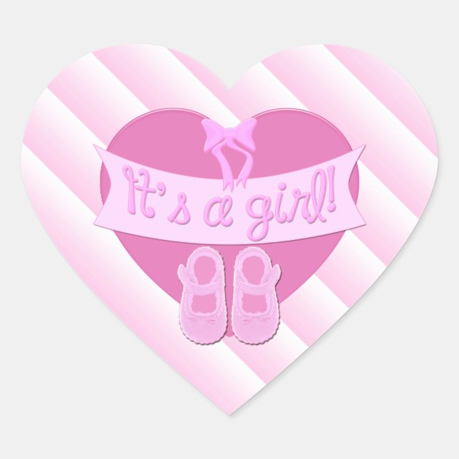 It's a girl Pink Heart Bow Shoes Baby Girl Shower Sticker (Front)
