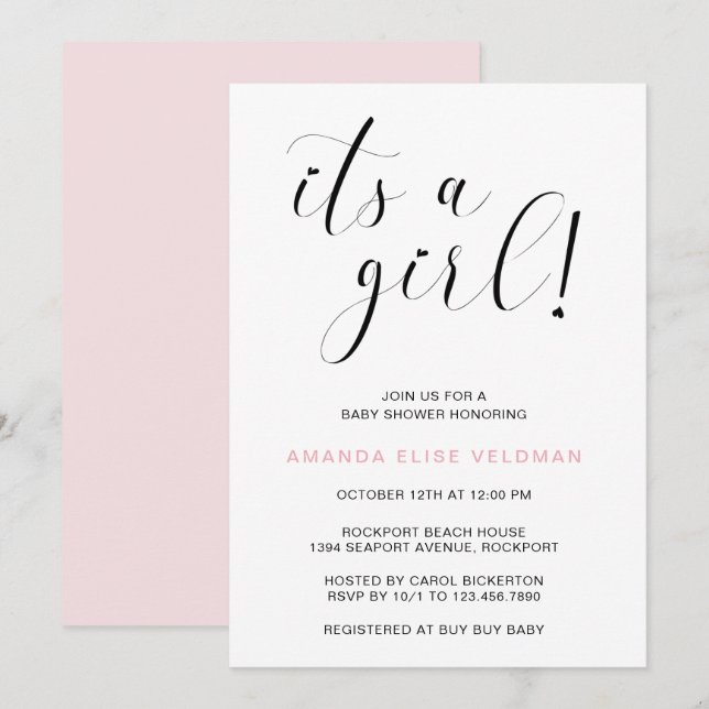 Its a Girl Pink Heart Typography Baby Shower Invitation (Front/Back)
