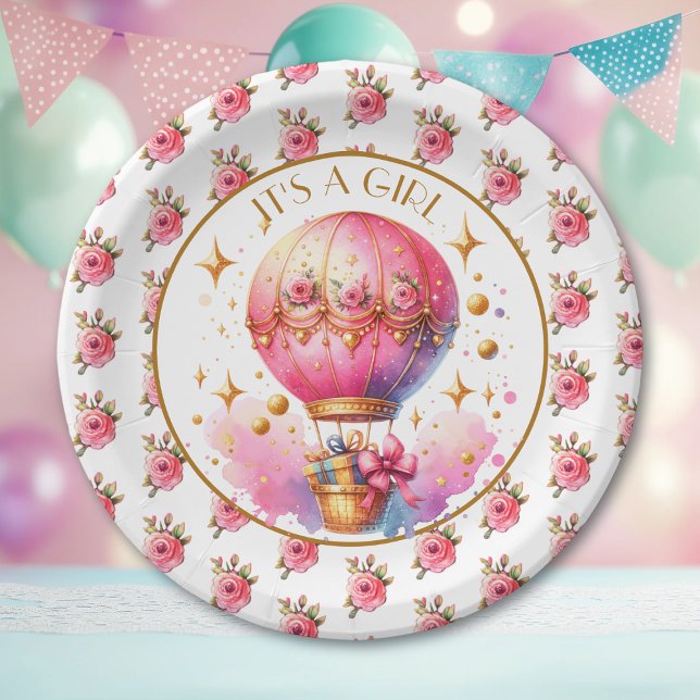 It's a Girl | Pink Hot Air Balloon Baby Shower Paper Plate (Creator Uploaded)