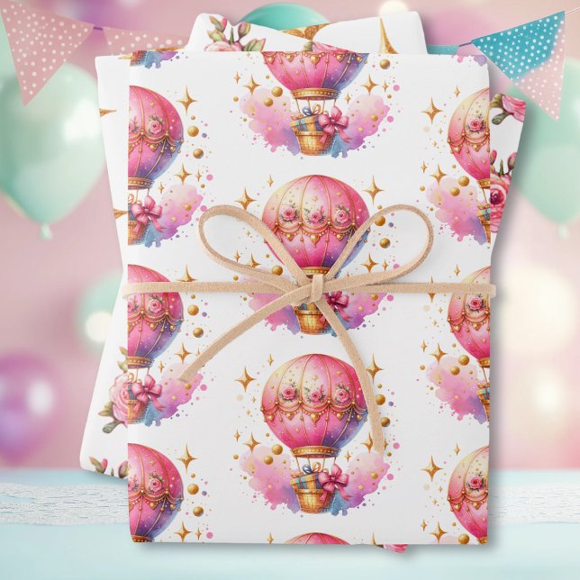 It's a Girl | Pink Hot Air Balloon Baby Shower Wrapping Paper Sheet (Creator Uploaded)