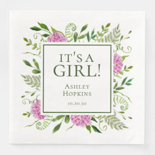 It's A Girl Pink Hydrangeas Girl Baby Shower Napkin