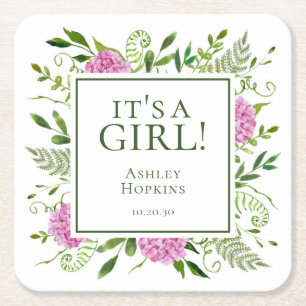 It's A Girl Pink Hydrangeas Girl Baby Shower Square Paper Coaster