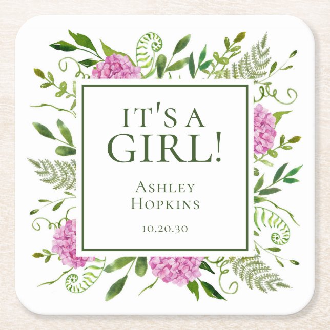 It's A Girl Pink Hydrangeas Girl Baby Shower Square Paper Coaster (Front)
