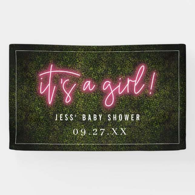 It's A Girl Pink Neon Boxwood Baby Shower Banner (Horizontal)