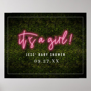 It's A Girl Pink Neon Boxwood Baby Shower Poster