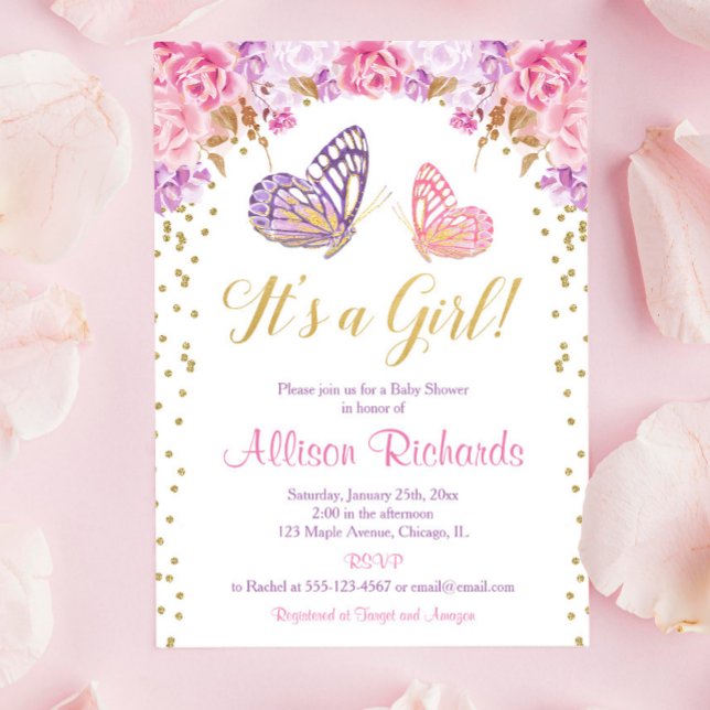It's a girl pink purple gold elegant butterfly invitation (Creator Uploaded)