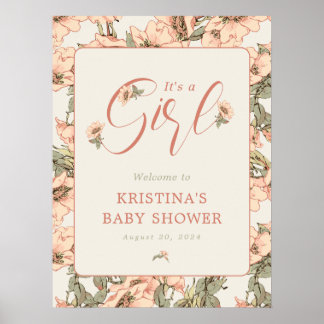It's a Girl Pink Roses Baby Shower Welcome Poster