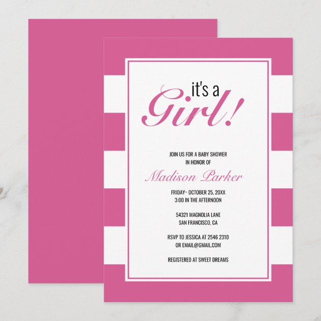 It's A Girl Pink Stripes  Invitation (Front/Back)