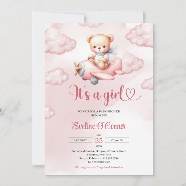 It's a Girl pink teddy bear pilot with aeroplane Invitation (Front)