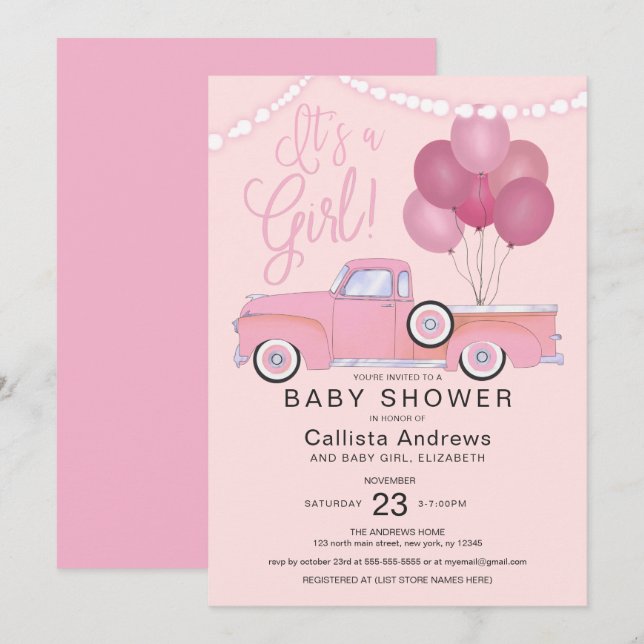 It's a Girl Pink Truck Balloons Lights Baby Shower Invitation (Front/Back)