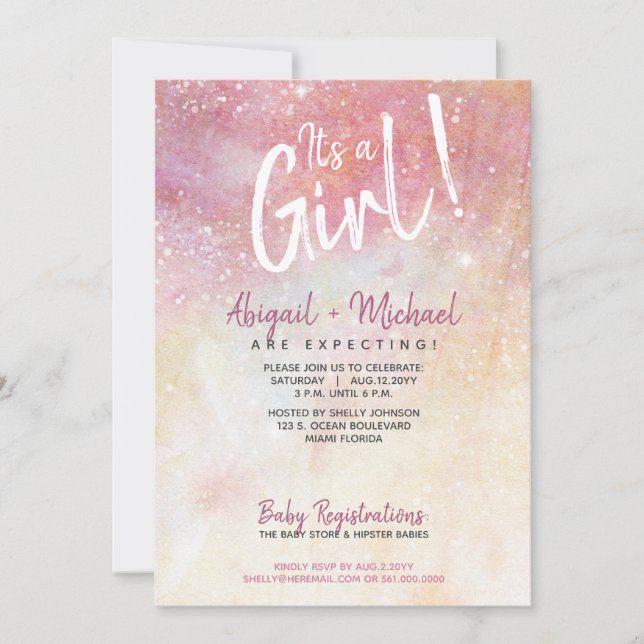 It's A Girl Pink Watercolor Paint Baby Shower Invitation (Front)