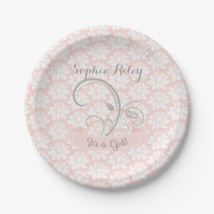 It's a Girl Pink White Grey Personalise Customise Paper Plate