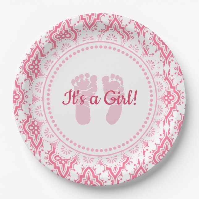 It's a Girl Pink & White Lacey Baby Shower Plates (Front)